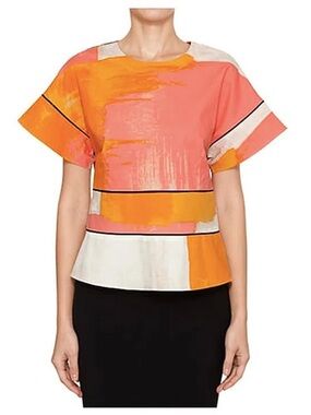 Donna Karan City Art abstract short sleeve blouse size small